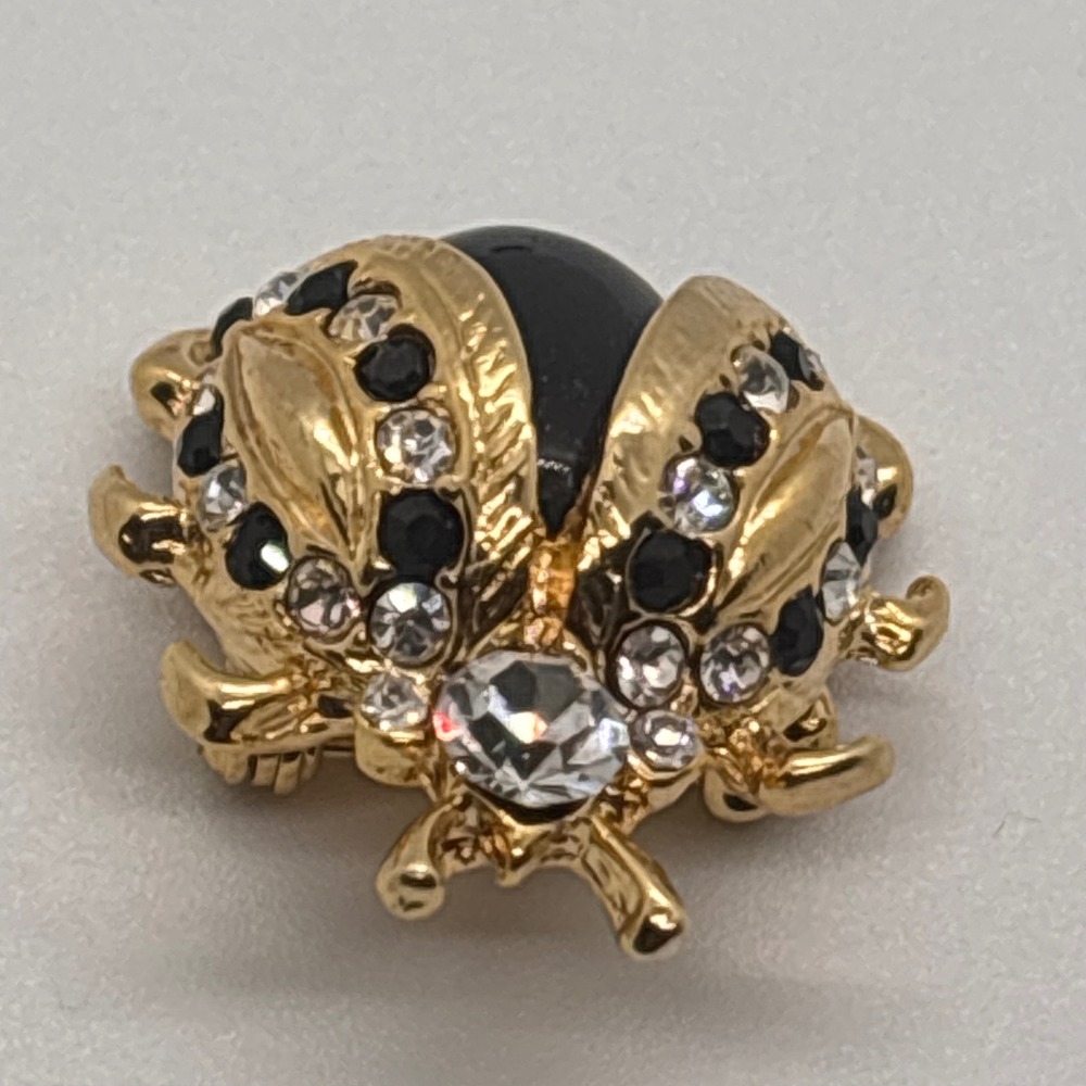 Gold Tone Ladybug Brooch Black Gem Clear Crystal Accent Women Costume Jewelry - Picture 3 of 7